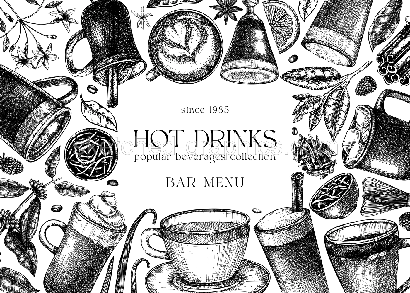 Bar menu design. Vector frame with hot drinks drawings. Hand-sketched tea, mulled wine, coffee, hot chocolate and ingredients illustrations. Popular beverages template for brands, web, menu, packaging Illustration